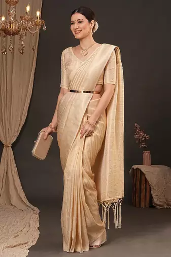 Cream woven design zari silk blend kanjeevaram saree