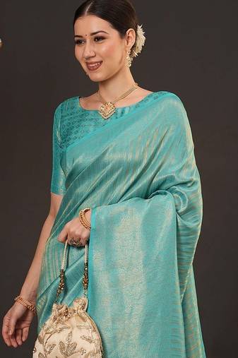 Blue woven design zari silk blend kanjeevaram saree