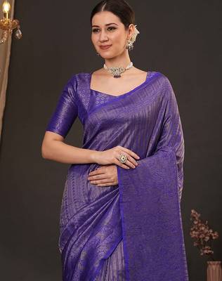 Purple woven design zari silk blend kanjeevaram saree 1