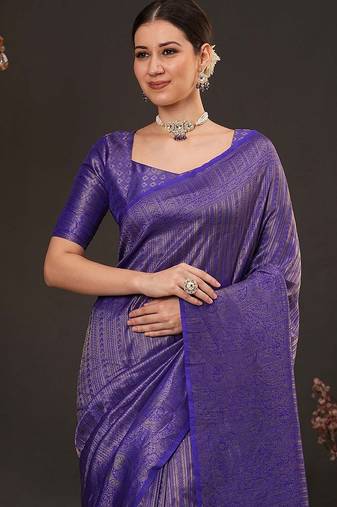 Purple woven design zari silk blend kanjeevaram saree