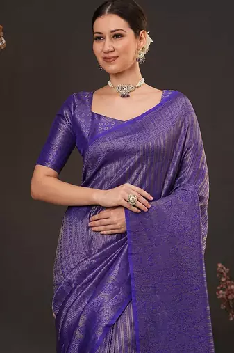 Purple woven design zari silk blend kanjeevaram saree