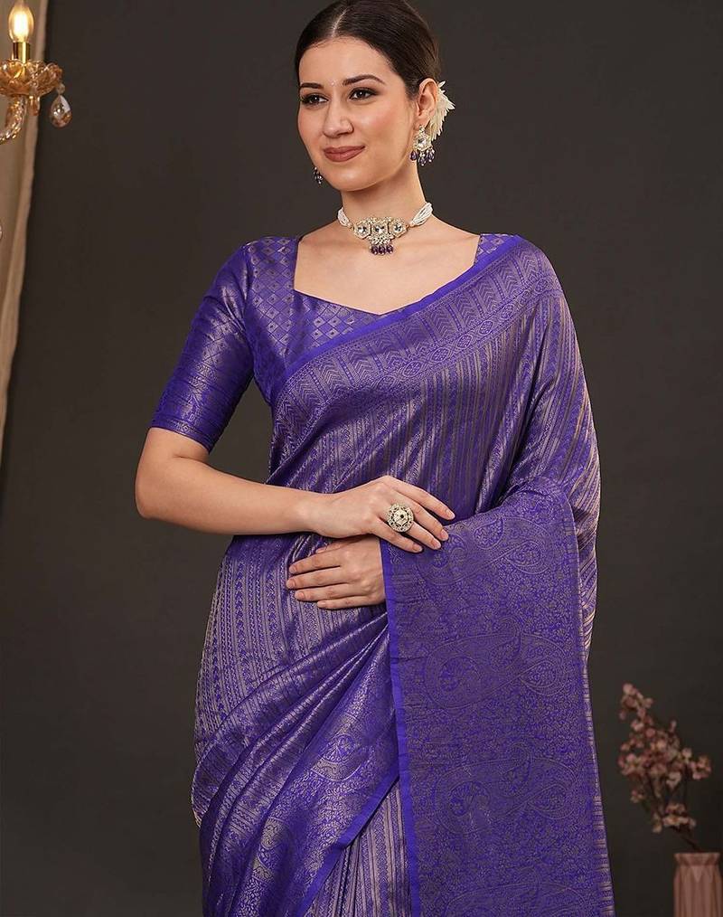 Purple woven design zari silk blend kanjeevaram saree