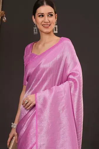 Pink woven design zari silk blend kanjeevaram saree