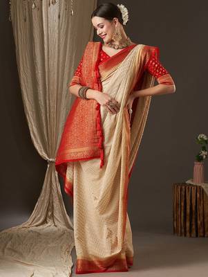 Off white off white & red woven design zari  georgette kanjeevaram saree 1