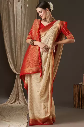 Off white off white & red woven design zari  georgette kanjeevaram saree