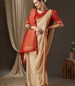 Off white off white & red woven design zari  georgette kanjeevaram saree