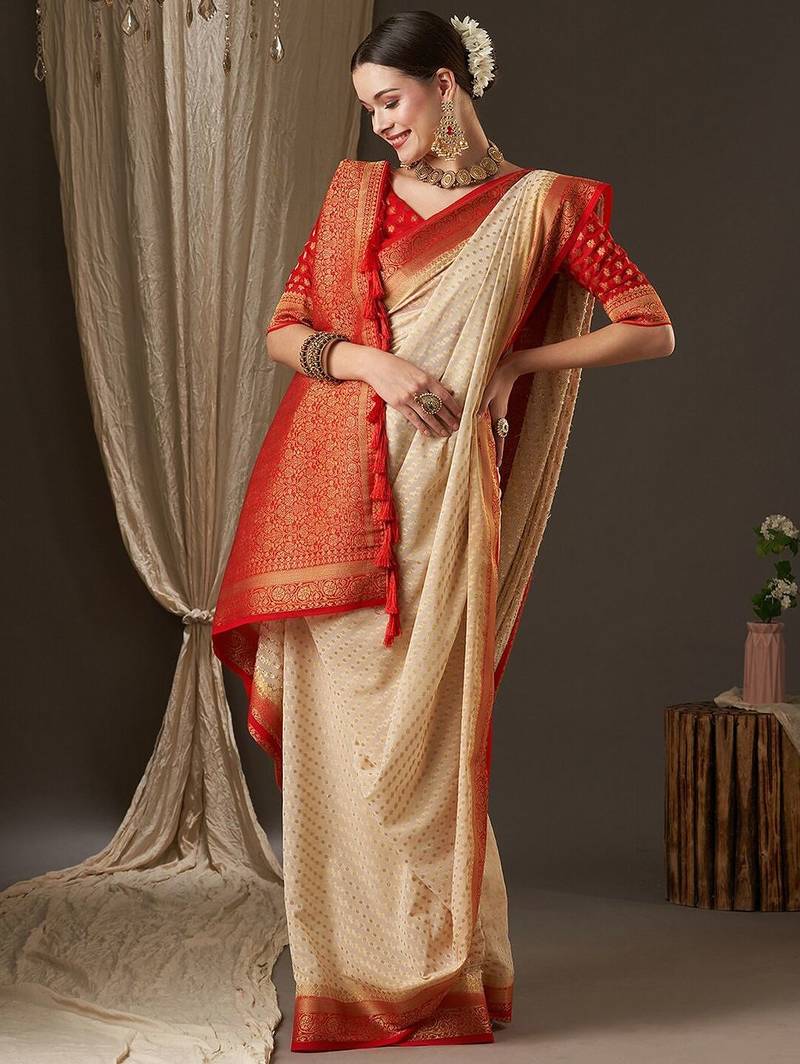 Off white off white & red woven design zari  georgette kanjeevaram saree
