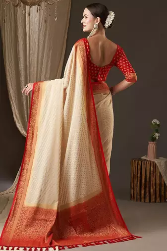 Off white off white & red woven design zari  georgette kanjeevaram saree