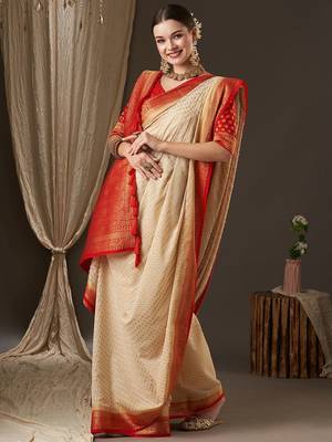 Off white off white & red woven design zari  georgette kanjeevaram saree 3