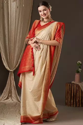 Off white off white & red woven design zari  georgette kanjeevaram saree