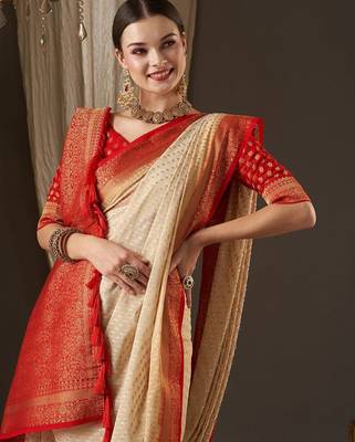 Off white off white & red woven design zari  georgette kanjeevaram saree 4
