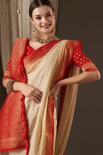 Off white off white & red woven design zari  georgette kanjeevaram saree