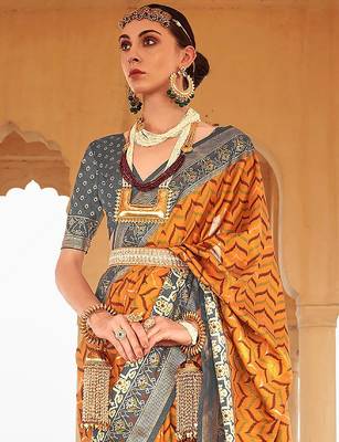Mustard mustard & grey ethnic woven design zari patola saree 2