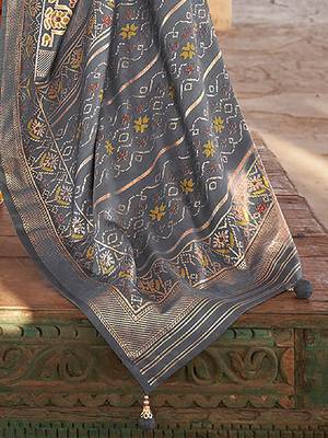 Mustard mustard & grey ethnic woven design zari patola saree 4