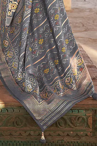 Mustard mustard & grey ethnic woven design zari patola saree