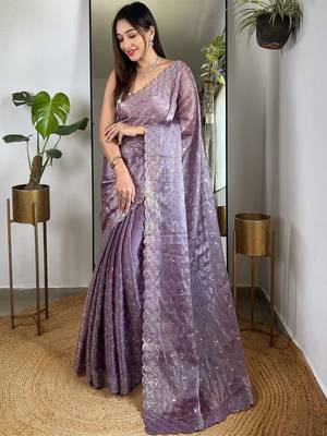 Lavender lavender embellished tissue  sarees 1