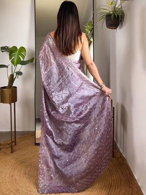 Lavender lavender embellished tissue  sarees 4
