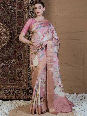 Pink floral zari silk blend sungudi saree 1