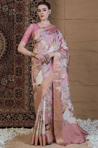 Pink floral zari silk blend sungudi saree