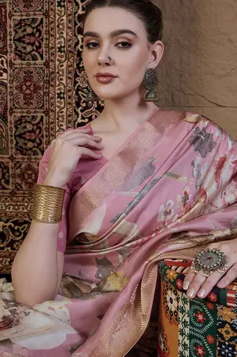 Pink floral zari silk blend sungudi saree