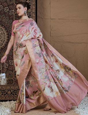 Pink floral zari silk blend sungudi saree 3