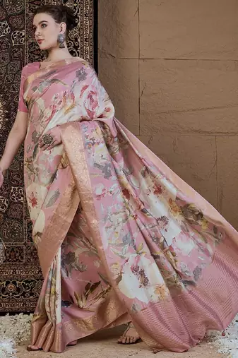 Pink floral zari silk blend sungudi saree