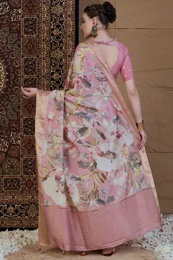 Pink floral zari silk blend sungudi saree