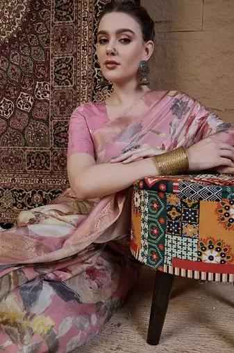 Pink floral zari silk blend sungudi saree