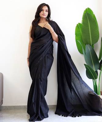 Black tasseled border  cotton saree 1