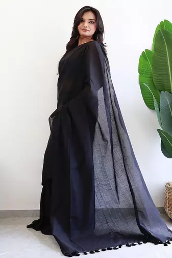 Black tasseled border  cotton saree