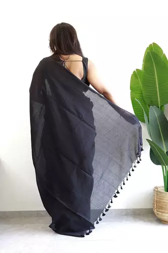 Black tasseled border  cotton saree