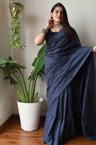 Navy blue  cotton plain saree