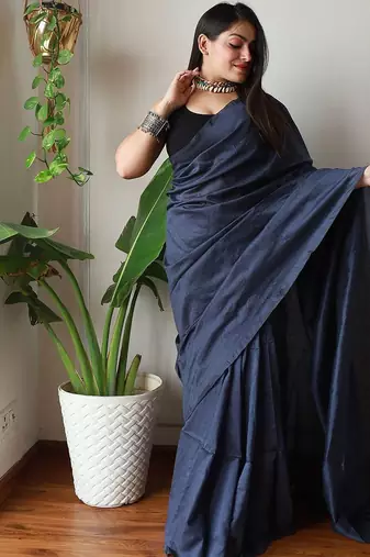 Navy blue  cotton plain saree