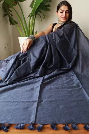 Navy blue  cotton plain saree