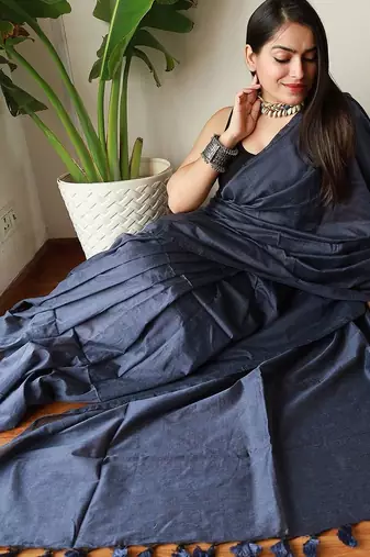 Navy blue  cotton plain saree
