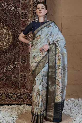 Grey floral zari silk blend sungudi saree