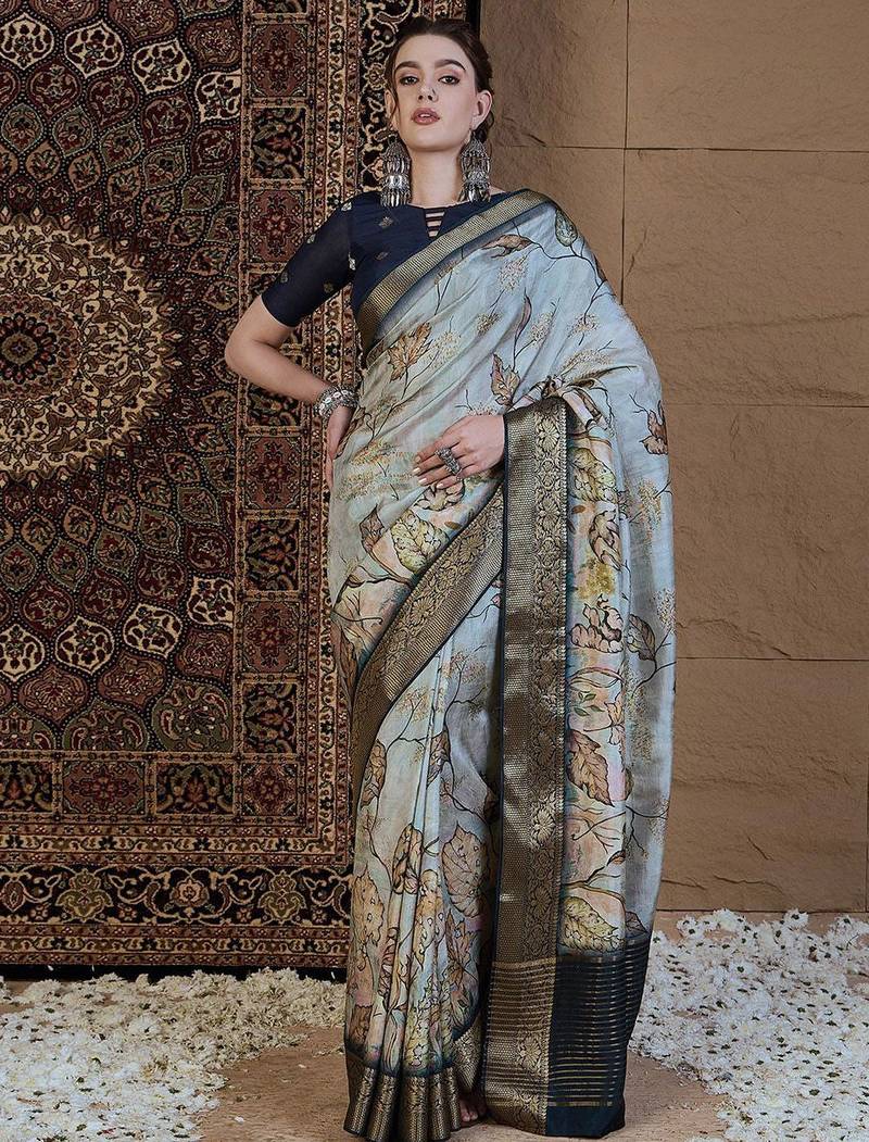 Grey floral zari silk blend sungudi saree