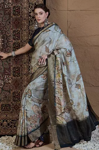 Grey floral zari silk blend sungudi saree