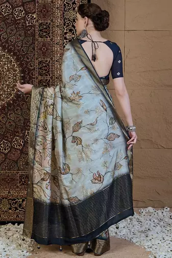 Grey floral zari silk blend sungudi saree