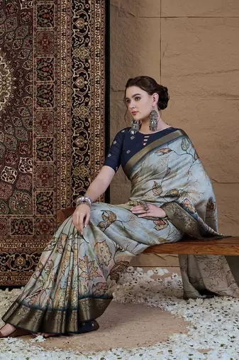 Grey floral zari silk blend sungudi saree