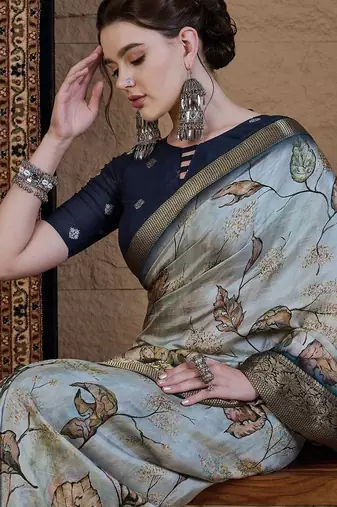 Grey floral zari silk blend sungudi saree