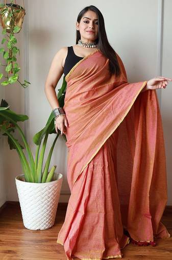 Peach  cotton zari saree
