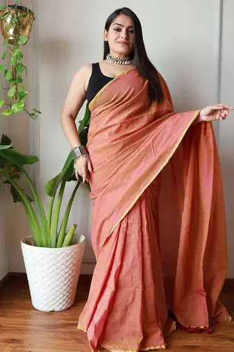 Peach  cotton zari saree