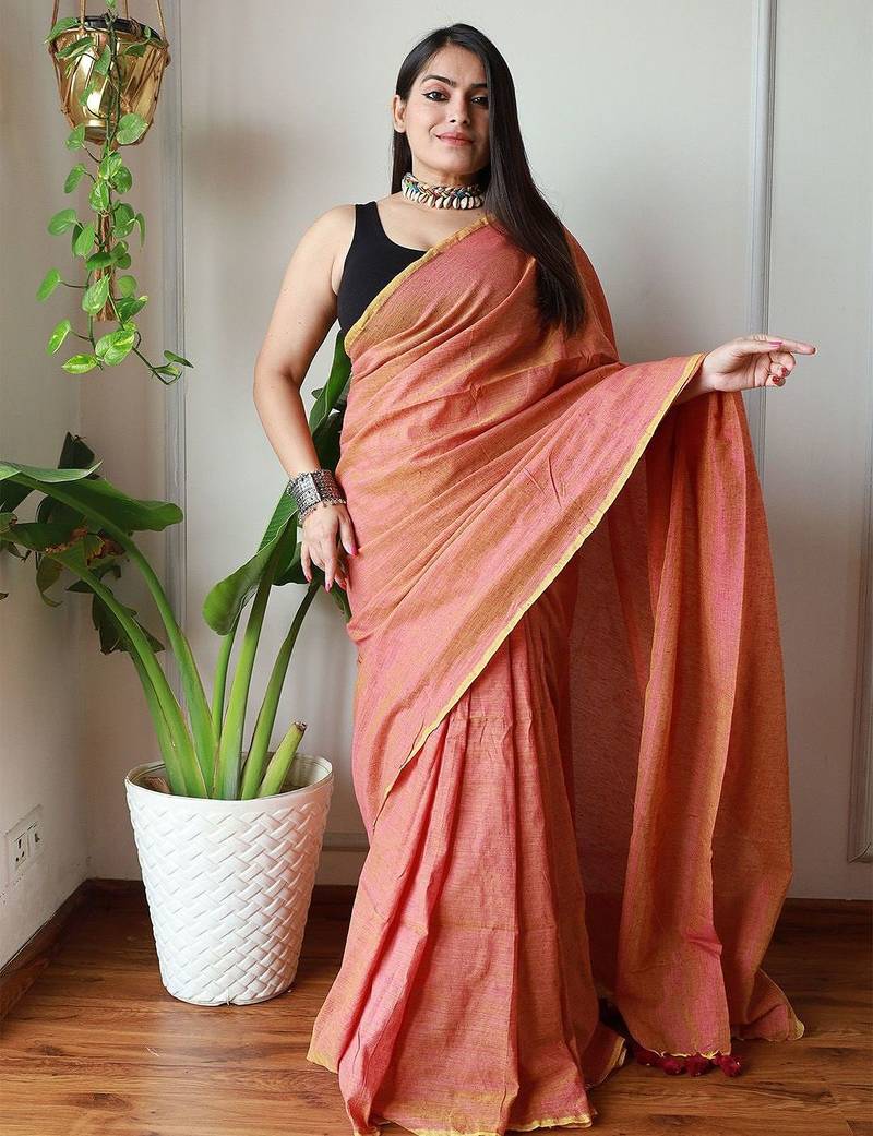 Peach  cotton zari saree
