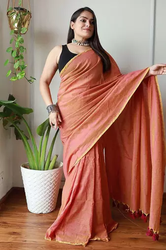 Peach  cotton zari saree