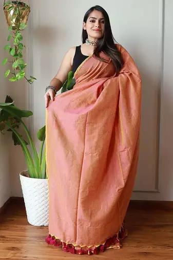 Peach  cotton zari saree