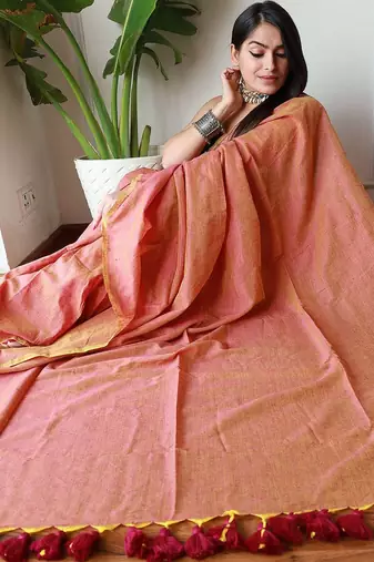 Peach  cotton zari saree