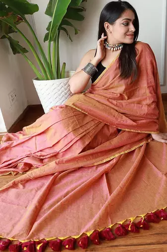 Peach  cotton zari saree