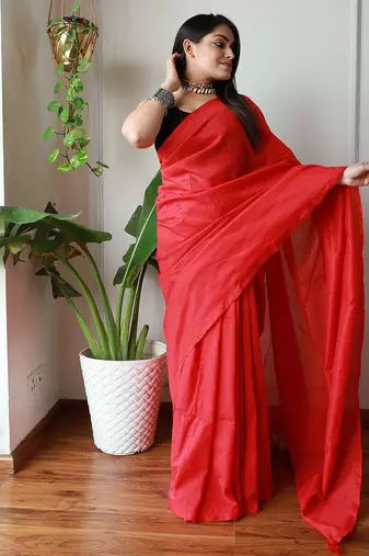 Red solid  cotton saree with blouse piece