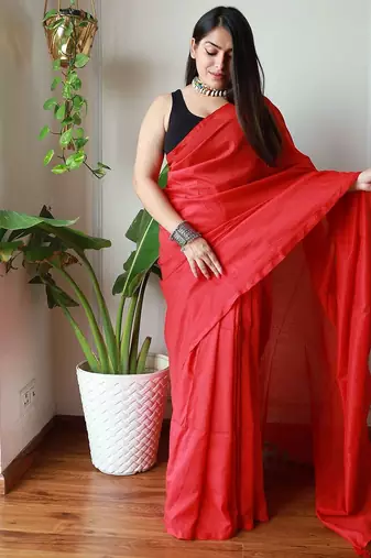 Red solid  cotton saree with blouse piece